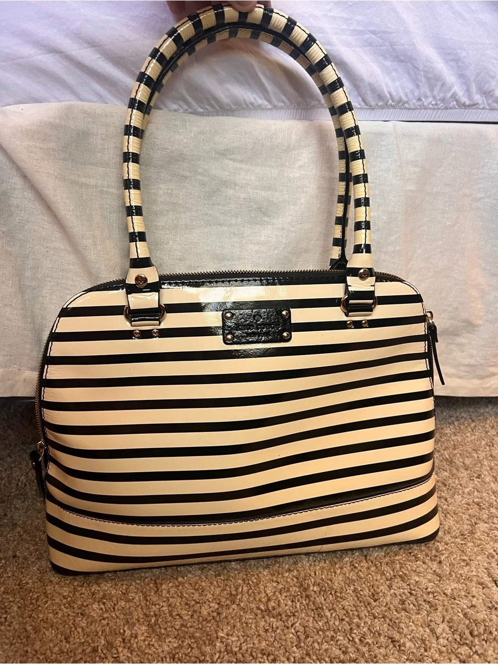 kate spade Black and Cream Striped Dome Satchel